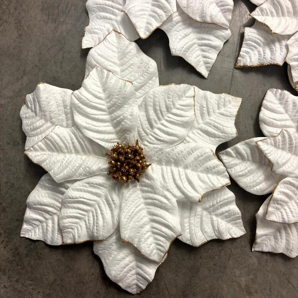 White Gold Poinsettia Christmas Ornaments Magnets Set of 4 Holiday Floral Decor